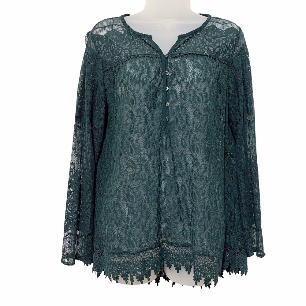 Knox Rose Green Lace Sheer Long Sleeve Blouse Top Size M